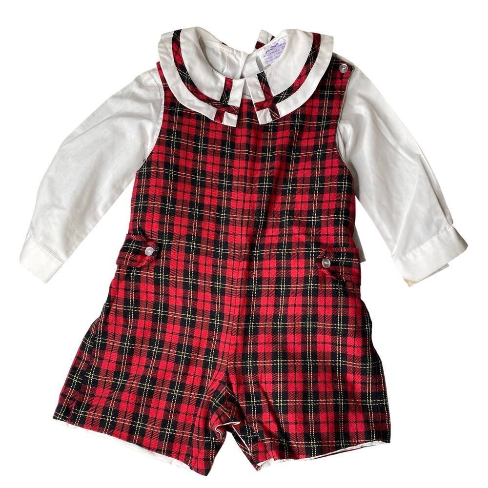 Vintage LAVENDER BLUE Red Plaid outfit 24m white shirt plaid romper Jon Jon